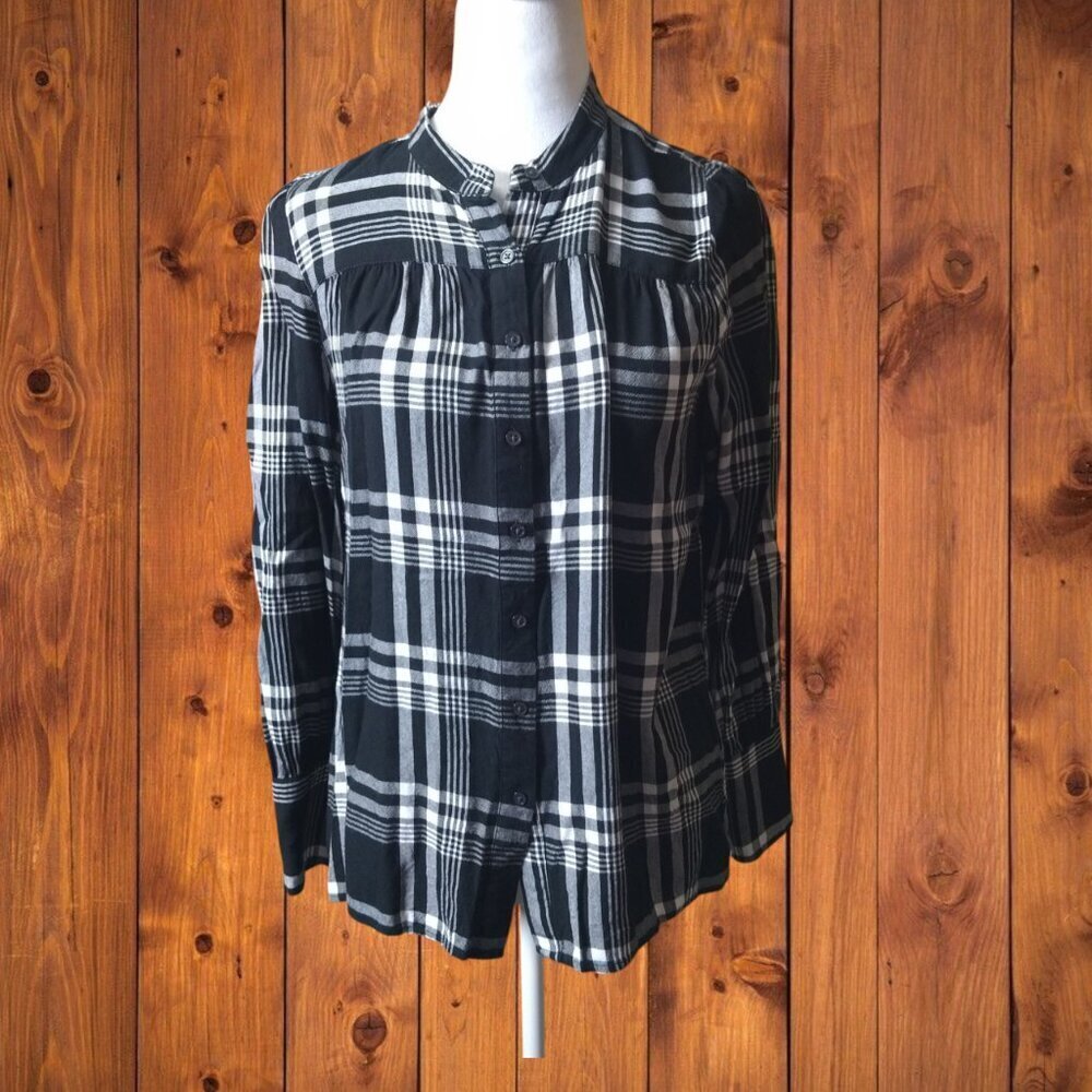 LOFT Size Small Black/White Plaid Button Front Long Sleeve Blouse Classic Casual